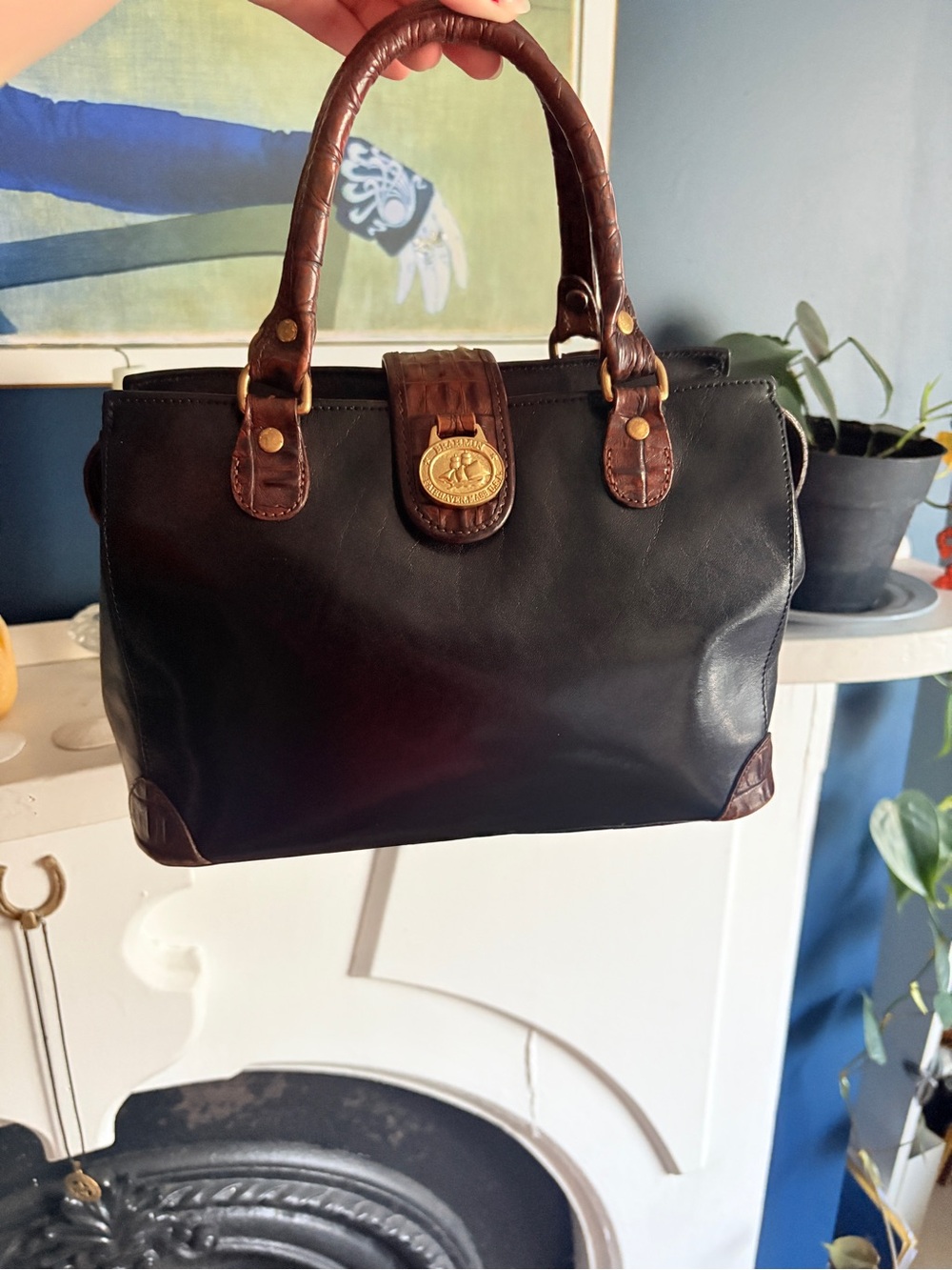 Vintage 1990s Brahmin made in U.S.A black bag with crocodile embossed leather